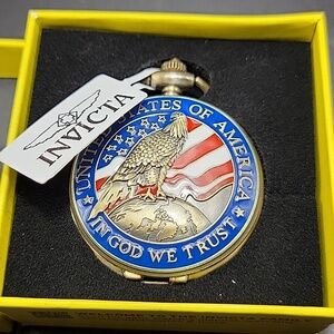 Invicta 49008 Gold Tone Pocket Watch Red White Blue American Flag Eagle Enamel